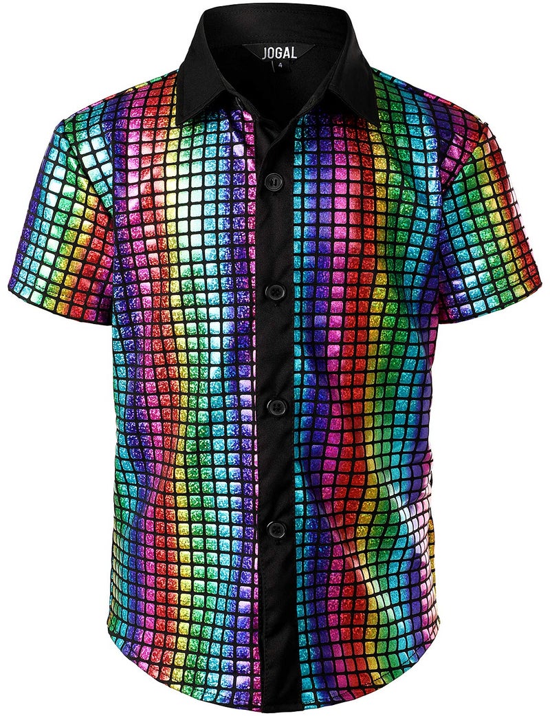JOGAL Boy's Dress Shirt Sequins Button Down Shirts 70s Disco Party Costume 10 Multicolour - Image 1